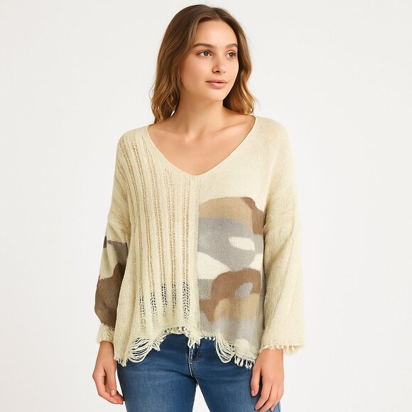 POL Sweaters - POL Oversized Distressed Knit Sweater L Camo Patchwork V Neck Boho Grunge Cream